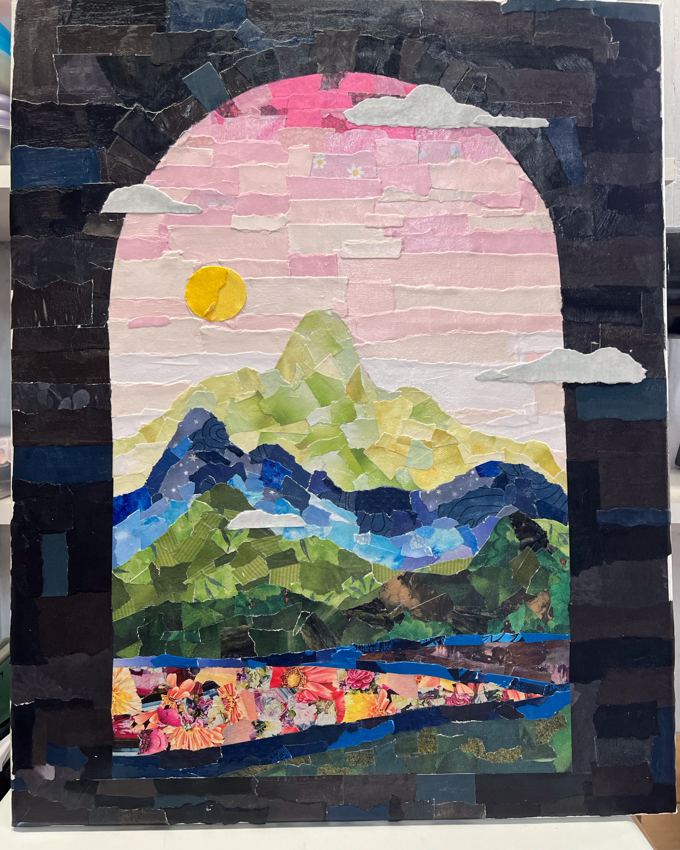 Original paper collage mountain landscape with a pink sky